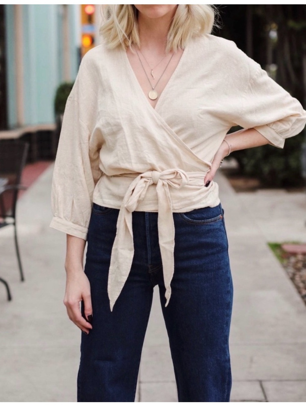 Esby Wrap Top Surplice V Neck Size Small Organic Cotton Coastal Beach 3/4 Sleeve